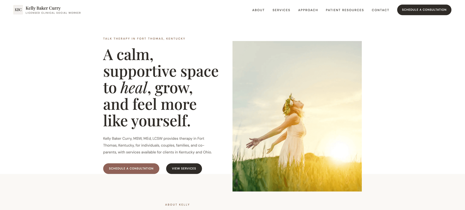 Kelly Baker Curry therapy website homepage preview